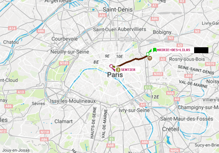 plan itinéraire ratp de Mairie des Lilas à Sentier