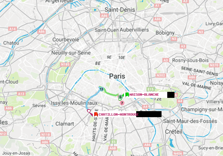 plan itinéraire ratp de Maison Blanche à Châtillon Montrouge