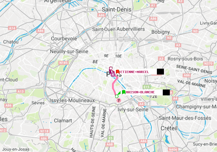 plan itinéraire ratp de Maison Blanche à Etienne Marcel