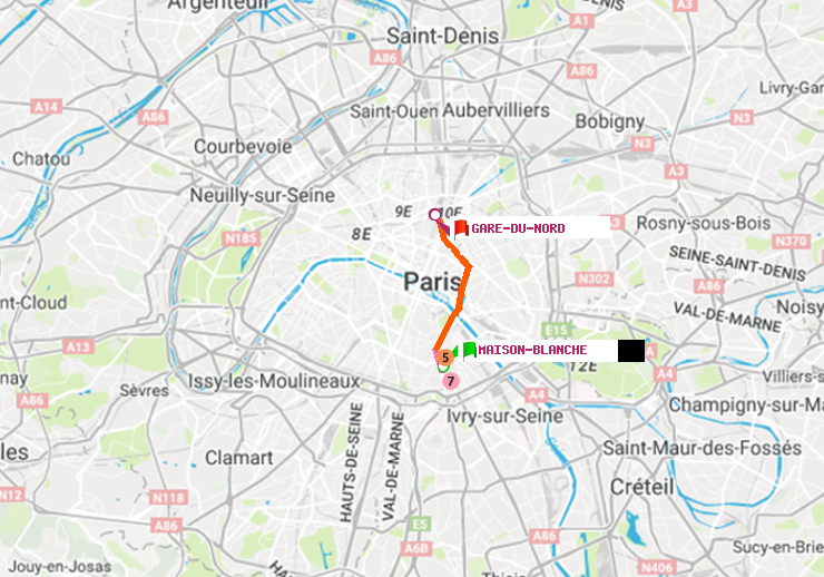 plan itinéraire ratp de Maison Blanche à Gare du Nord