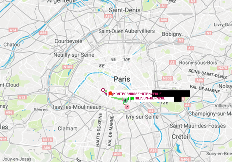 plan itinéraire ratp de Maison Blanche à Montparnasse-Bienvenue