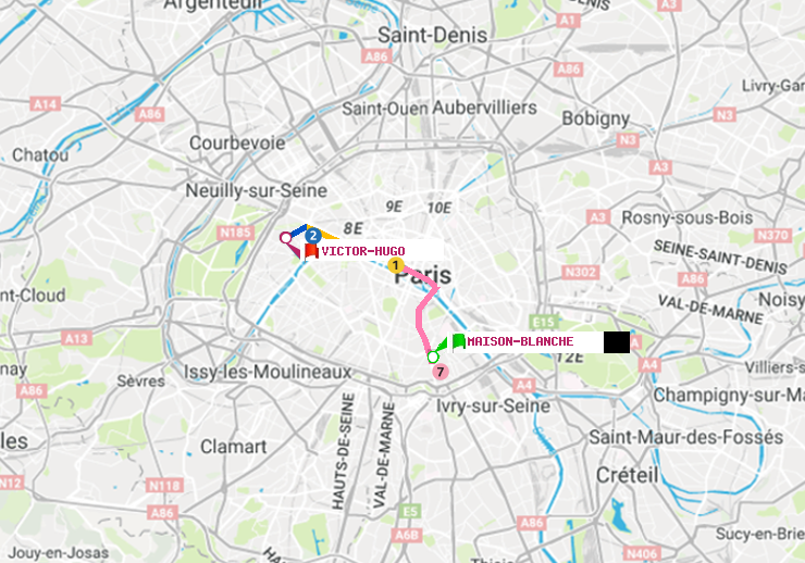 plan itinéraire ratp de Maison Blanche à Victor Hugo
