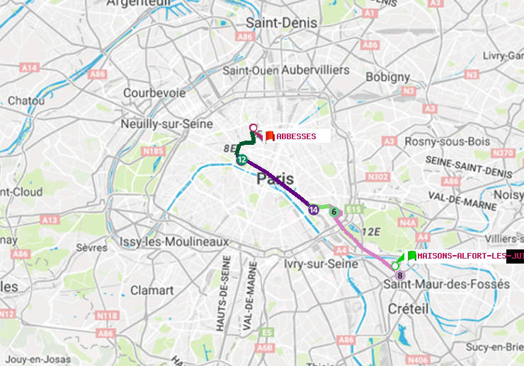 plan itinéraire ratp de Maisons-Alfort-Les Juilliottes à Abbesses
