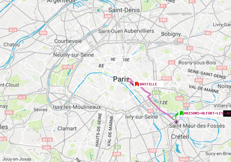 plan itinéraire ratp de Maisons-Alfort-Les Juilliottes à Bastille