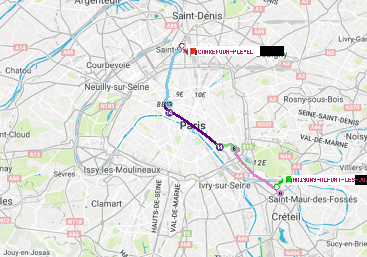plan itinéraire ratp de Maisons-Alfort-Les Juilliottes à Carrefour-Pleyel