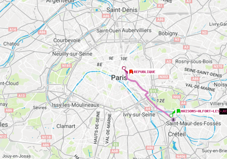 plan itinéraire ratp de Maisons-Alfort-Les Juilliottes à République