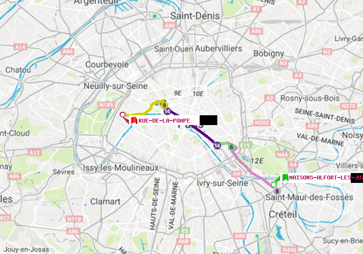 plan itinéraire ratp de Maisons-Alfort-Les Juilliottes à Rue de la Pompe (Avenue Georges Mandel)