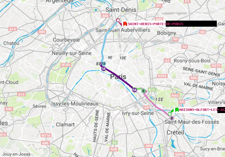 plan itinéraire ratp de Maisons-Alfort-Les Juilliottes à Saint-Denis-Porte de Paris