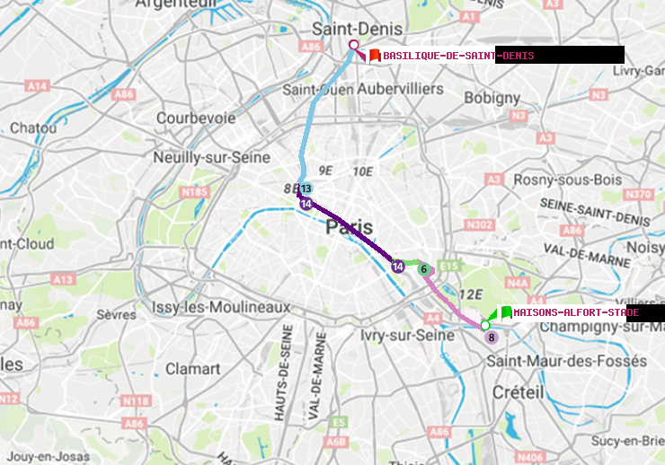 plan itinéraire ratp de Maisons-Alfort-Stade à Basilique de Saint-Denis