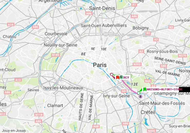 plan itinéraire ratp de Maisons-Alfort-Stade à Bercy