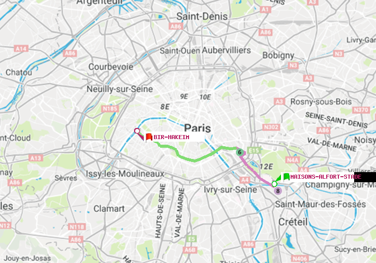 plan itinéraire ratp de Maisons-Alfort-Stade à Bir-Hakeim (Grenelle)