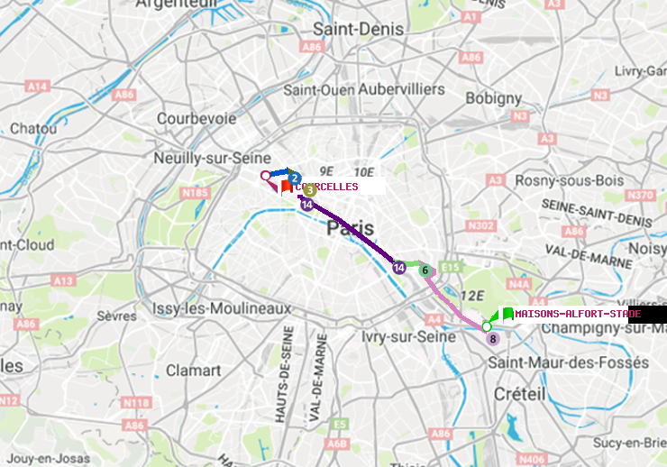 plan itinéraire ratp de Maisons-Alfort-Stade à Courcelles