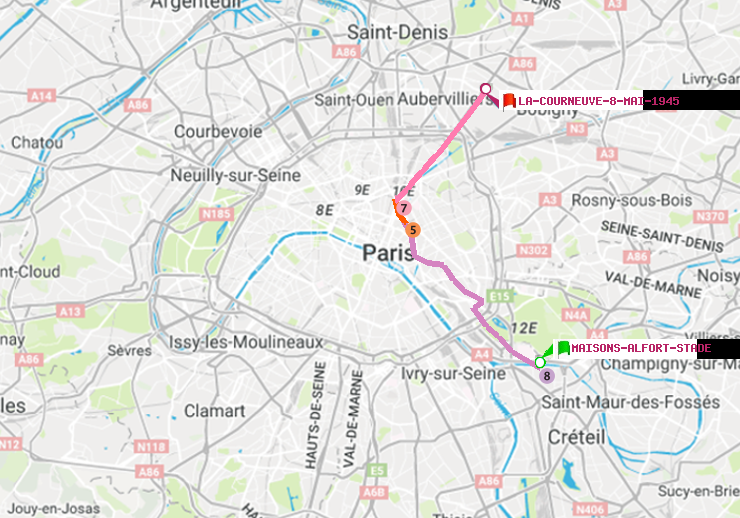 plan itinéraire ratp de Maisons-Alfort-Stade à La Courneuve-8-Mai-1945
