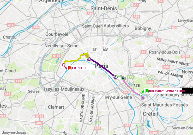 plan itinéraire ratp de Maisons-Alfort-Stade à La Muette