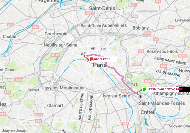 plan itinéraire ratp de Maisons-Alfort-Stade à Madeleine