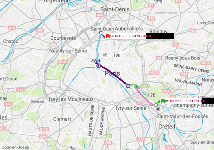 plan itinéraire ratp de Maisons-Alfort-Stade à Mairie de Saint-Ouen