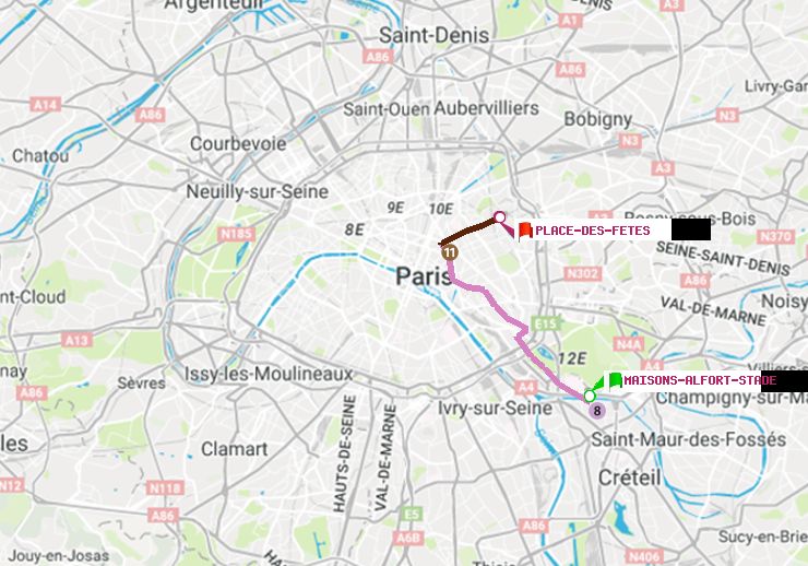 plan itinéraire ratp de Maisons-Alfort-Stade à Place des Fêtes