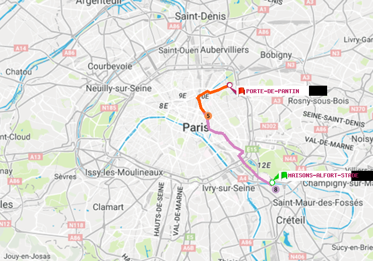 plan itinéraire ratp de Maisons-Alfort-Stade à Porte de Pantin