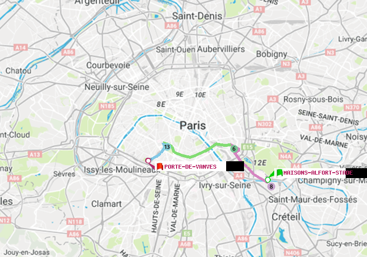 plan itinéraire ratp de Maisons-Alfort-Stade à Porte de Vanves