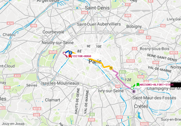 plan itinéraire ratp de Maisons-Alfort-Stade à Victor Hugo
