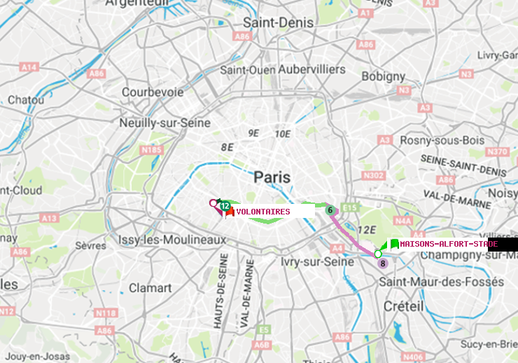 plan itinéraire ratp de Maisons-Alfort-Stade à Volontaires