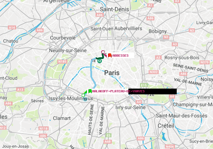 plan itinéraire ratp de Malakoff-Plateau de Vanves à Abbesses