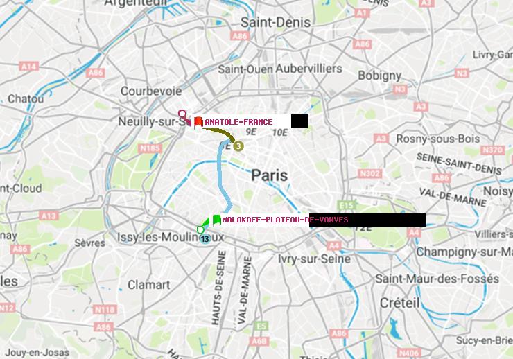 plan itinéraire ratp de Malakoff-Plateau de Vanves à Anatole-France