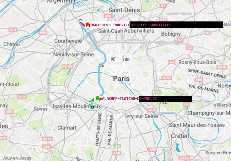 plan itinéraire ratp de Malakoff-Plateau de Vanves à Asnieres-Gennevilliers Les Courtilles