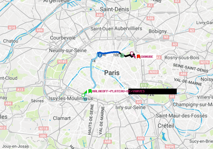 plan itinéraire ratp de Malakoff-Plateau de Vanves à Danube