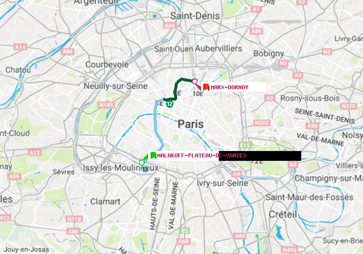 plan itinéraire ratp de Malakoff-Plateau de Vanves à Marx-Dormoy