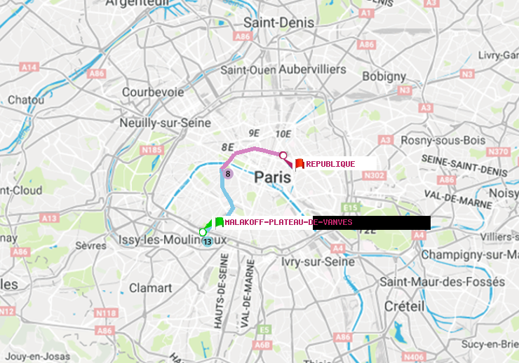 plan itinéraire ratp de Malakoff-Plateau de Vanves à République