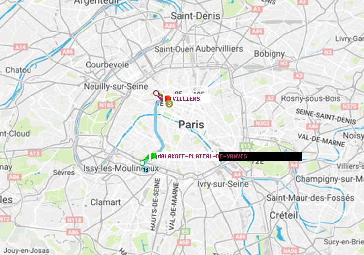 plan itinéraire ratp de Malakoff-Plateau de Vanves à Villiers
