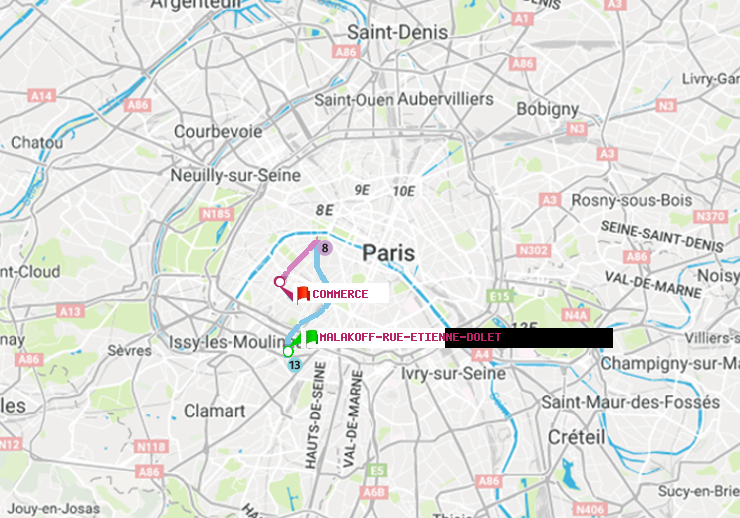 plan itinéraire ratp de Malakoff-Rue Etienne Dolet à Commerce
