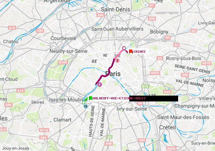 plan itinéraire ratp de Malakoff-Rue Etienne Dolet à Crimée