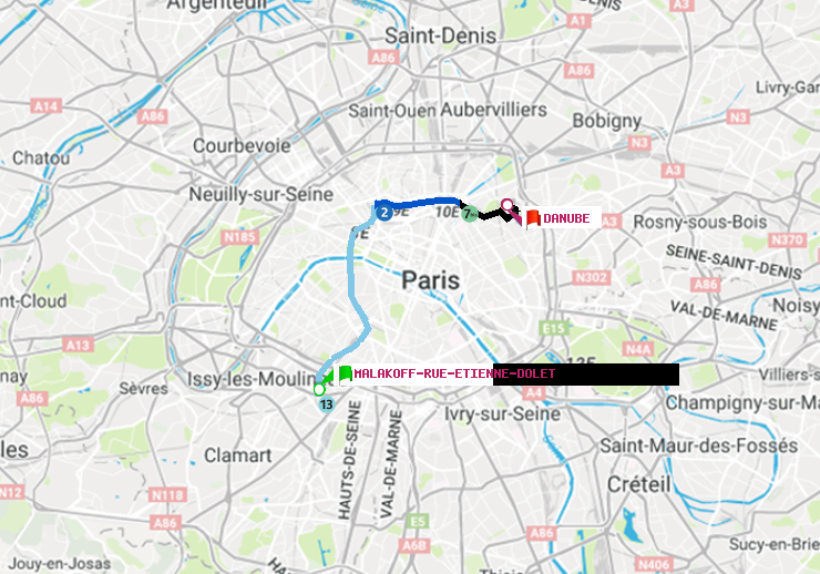 plan itinéraire ratp de Malakoff-Rue Etienne Dolet à Danube