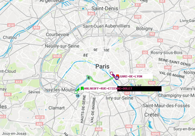 plan itinéraire ratp de Malakoff-Rue Etienne Dolet à Gare de Lyon