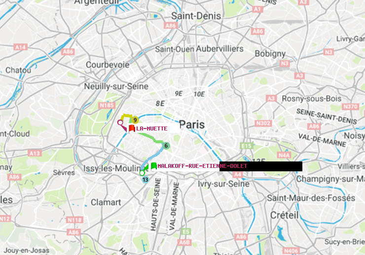 plan itinéraire ratp de Malakoff-Rue Etienne Dolet à La Muette