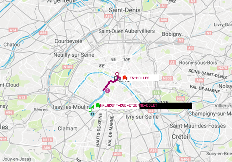 plan itinéraire ratp de Malakoff-Rue Etienne Dolet à Les Halles