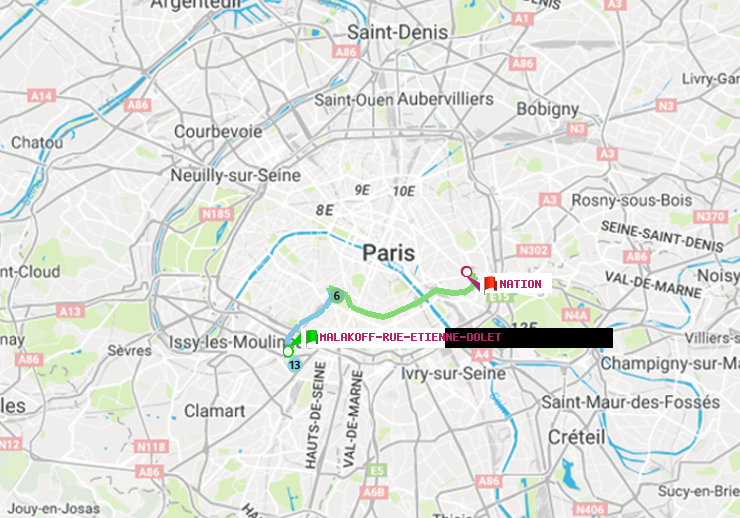 plan itinéraire ratp de Malakoff-Rue Etienne Dolet à Nation