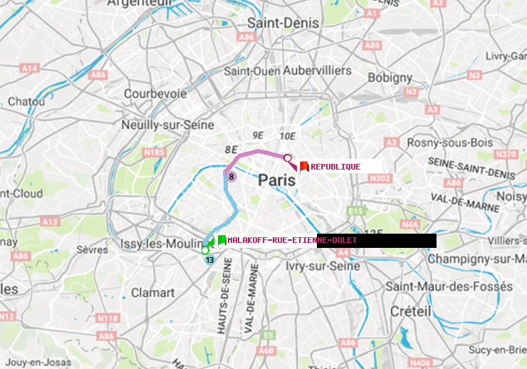plan itinéraire ratp de Malakoff-Rue Etienne Dolet à République