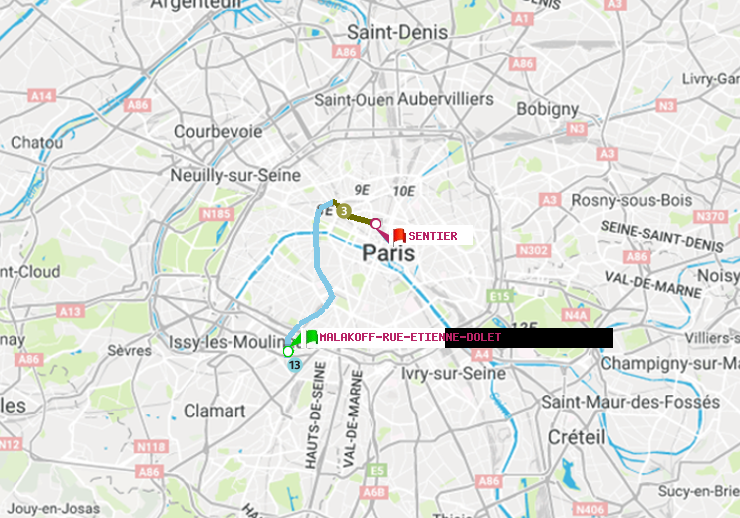 plan itinéraire ratp de Malakoff-Rue Etienne Dolet à Sentier