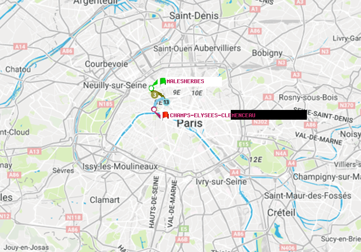 plan itinéraire ratp de Malesherbes à Champs-Elysées-Clémenceau