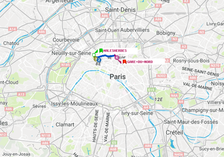 plan itinéraire ratp de Malesherbes à Gare du Nord
