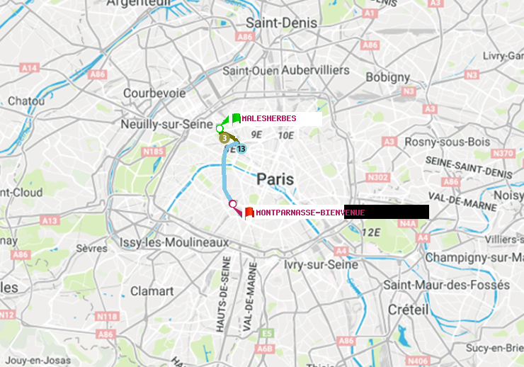 plan itinéraire ratp de Malesherbes à Montparnasse-Bienvenue