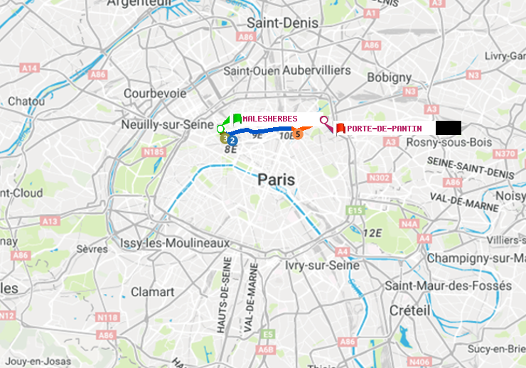 plan itinéraire ratp de Malesherbes à Porte de Pantin