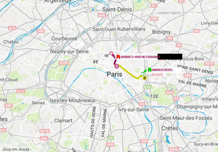 plan itinéraire ratp de Maraichers à Barbès-Rochechouart