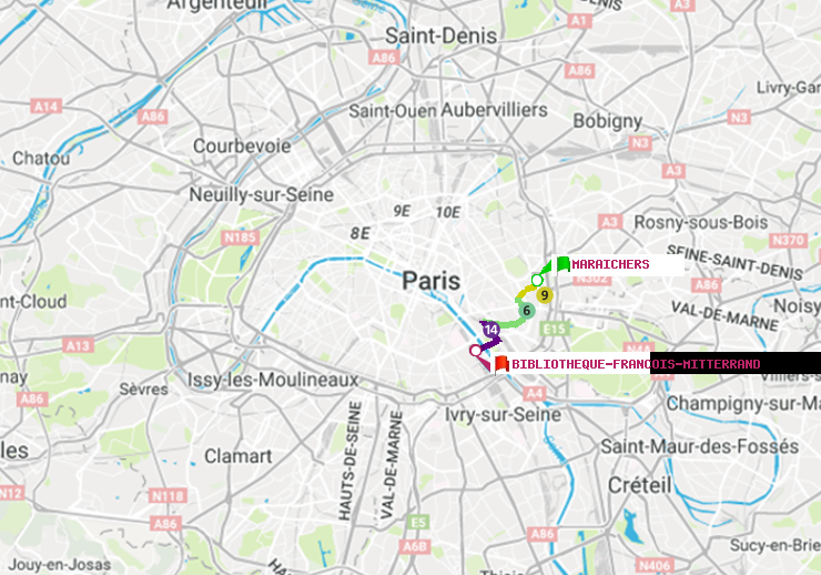 plan itinéraire ratp de Maraichers à Bibliotheque-Francois Mitterrand