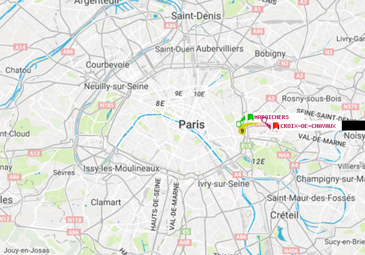 plan itinéraire ratp de Maraichers à Croix-de-Chavaux (Jacques Duclos)