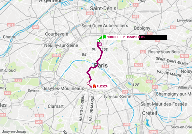 plan itinéraire ratp de Marcadet-Poissonniers à Alésia