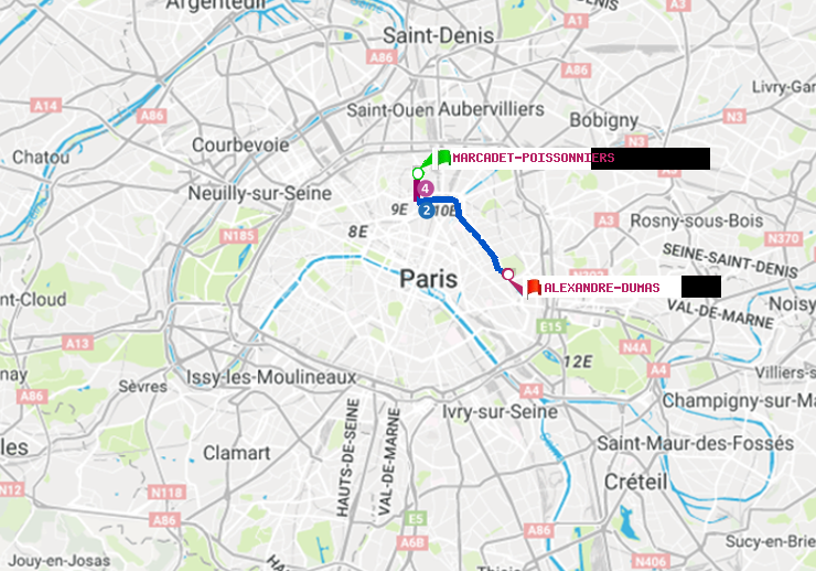plan itinéraire ratp de Marcadet-Poissonniers à Alexandre-Dumas